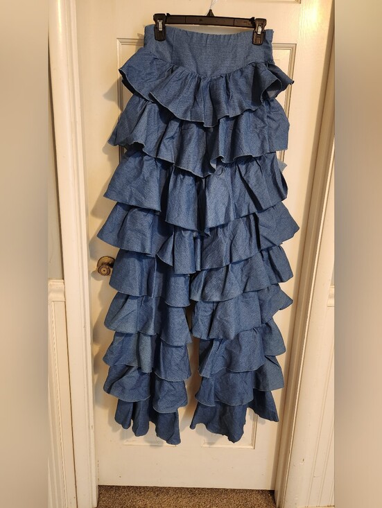 Love Highlight Pants - Chambray Denim Ruffled Womens Pants ,size L